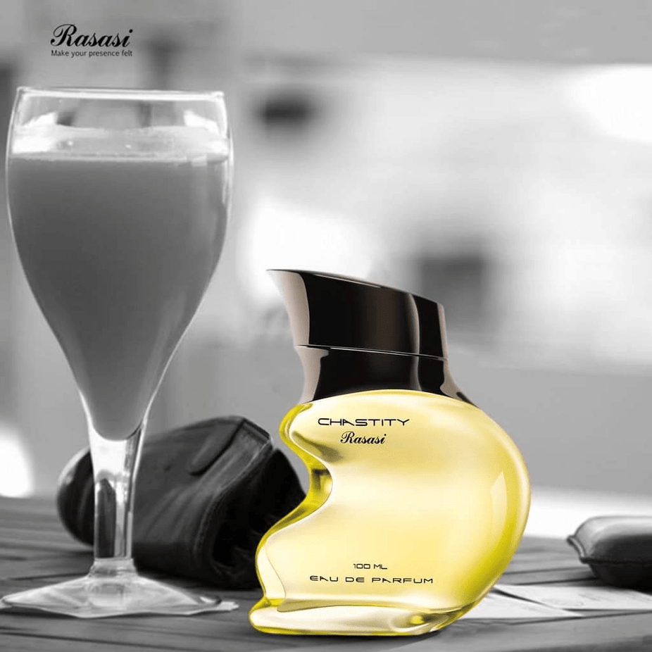 Rasasi Chastity for Men Eau De Parfum 100ml bottle, sleek dark glass container with silver accents, elegant fragrance presentation