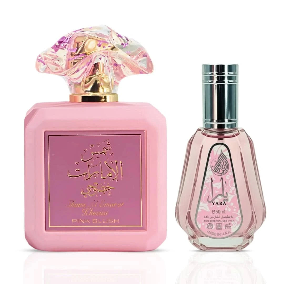 Ard Al Zaafaran perfume bundle with Pink Blush Shams Al Emarat 100ml and Yara 50ml Eau de Parfum sprays, shown in bottles.