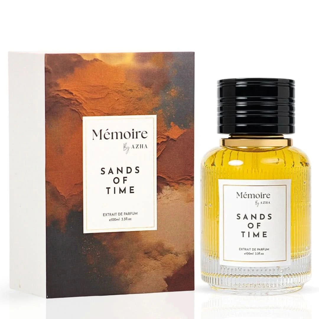 AZHA Sands of Time Extrait de Parfum Spray 100ml from Memoire Collection, featuring elegant perfume bottle with gold accents.