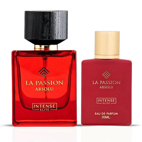 Intense Elite La Passion Absolu Women perfume bundle with 100ml and mini 20ml Eau de Parfum sprays, featuring elegant bottles.