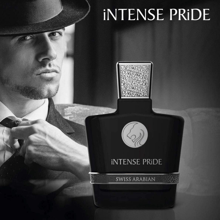 Swiss Arabian Intense Pride for Men Eau De Parfum 100 ML bottle, sleek design with dark fragrance liquid visible.