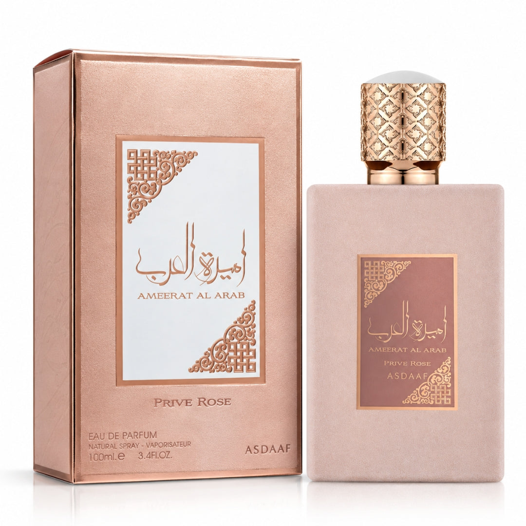 Ameerat Al Arab Prive Rose Eau De Parfum bottle by Asdaaf, 100ml, with elegant floral design on the packaging.