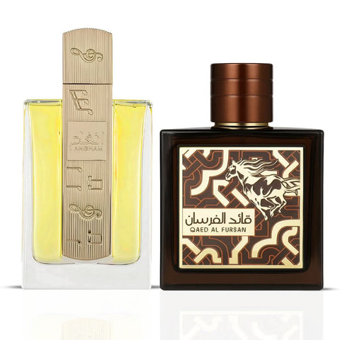 Lattafa perfume bundle featuring Angham 100ml and Qaed Al Fursan Untamed 90ml Eau de Parfum sprays displayed together.