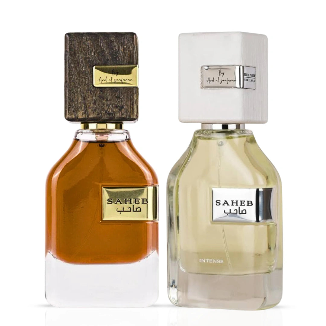 Bundle of Ard Al Zaafaran Saheb & Saheb Intense Eau de Parfum sprays, featuring two 70ml bottles with elegant packaging.