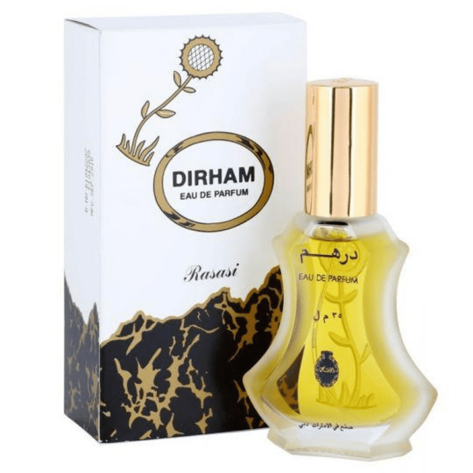 Rasasi Dirham EDP 30ML bottle, a luxurious Arabian perfume with elegant packaging and a captivating fragrance.