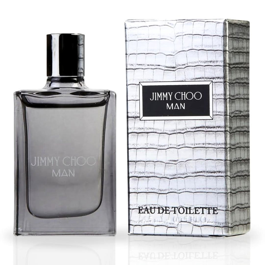 Jimmy Choo Man Eau De Toilette miniature bottle, 4.5ml, showcasing sleek glass packaging and Jimmy Choo branding.