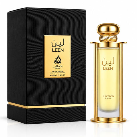 Leen EDP by Lattafa Pride 100ml Eau De Parfum bottle with elegant design and floral accents, showcasing the fragrance packaging.