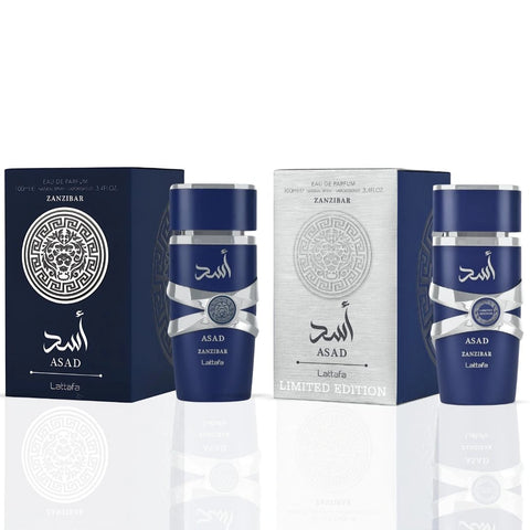 Asad Zanzibar & Asad Zanzibar Limited Edition Eau de Parfum Sprays 100ml (3.4oz) by Lattafa | The Spirit of Exotic Adventure (Bundle) - Intense Oud