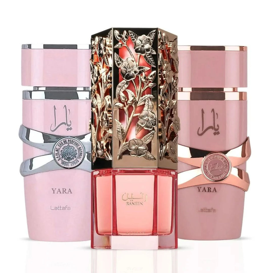 Lattafa Yara and Yara Elixir 100ml, Asdaaf Raneen 80ml Eau de Parfum spray bundle, featuring elegant perfume bottles.