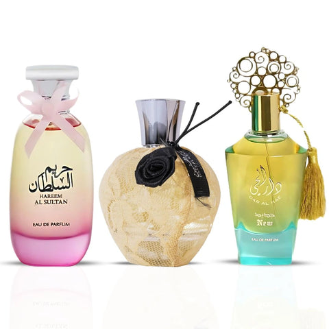 Hareem Al Sultan, Dar Al Hae & Daar Al Haneen Eau de Parfum Sprays 100ml (3.4 oz) by Ard Al Zaafaran | Floral, Gourmand & Woody — Three Scents, Endless Elegance. (Tiara Collection) - Intense Oud