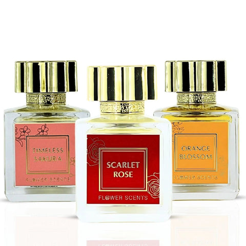 Orange Blossom, Timeless Sakura & Scarlet Rose Eau de Parfum Sprays 65ml by Flower Scents | The Essence of Blossom, Bloom & Allure (Bundle) - Intense Oud