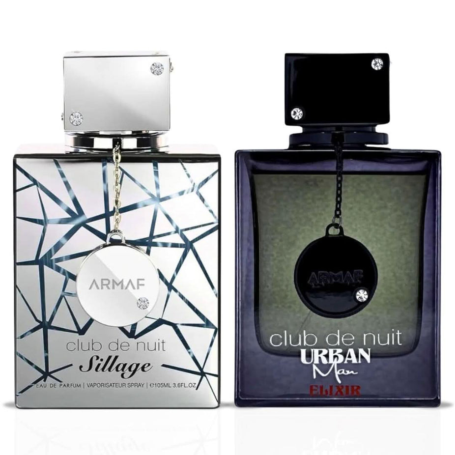 Armaf Club De Nuit Sillage and Urban Man Elixir Eau de Parfum bundle, 105ml, featuring two stylish perfume spray bottles.
