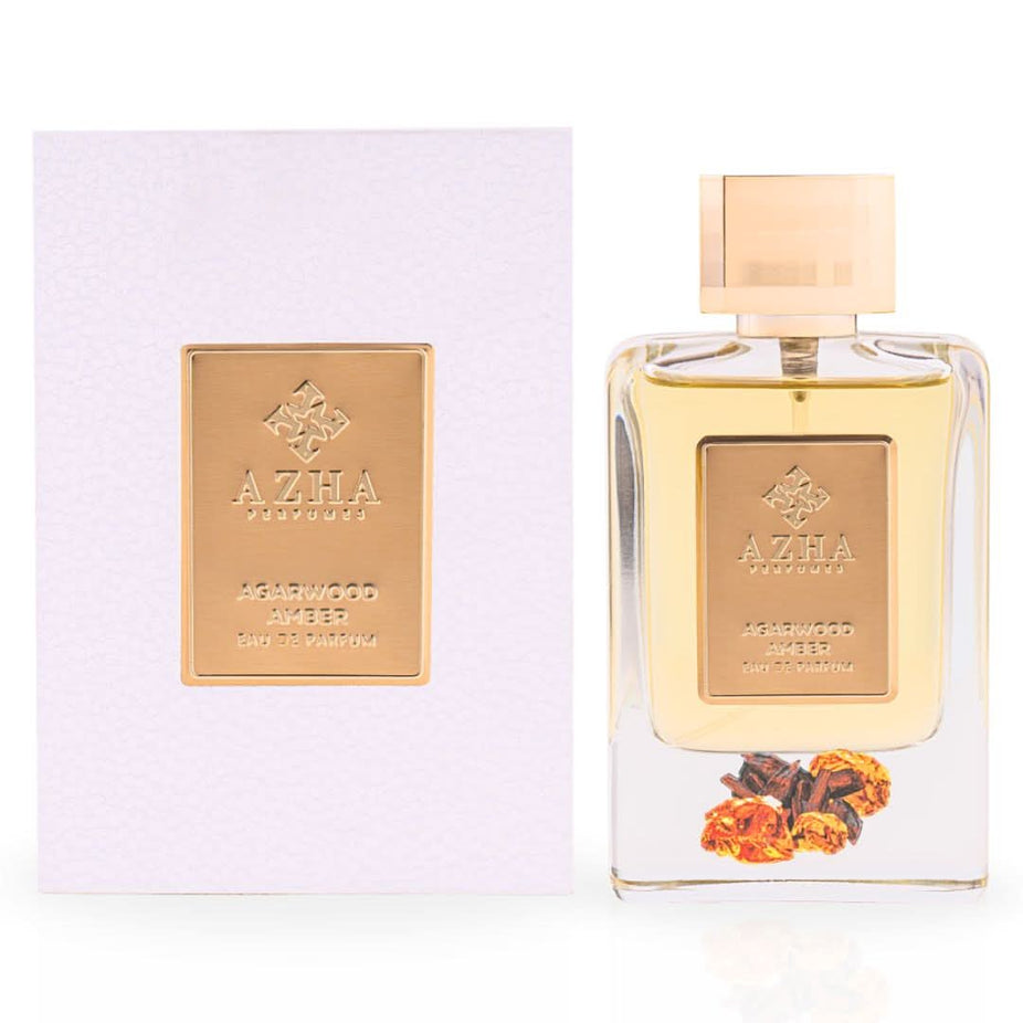 Agarwood Amber Eau de Parfum spray bottle by AZHA, 100ml, with elegant packaging and a luxurious fragrance design.