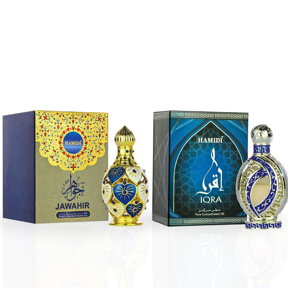 Hamidi Jawahir & Iqra perfume oils bundle showing two elegant glass bottles with gold accents and floral packaging.