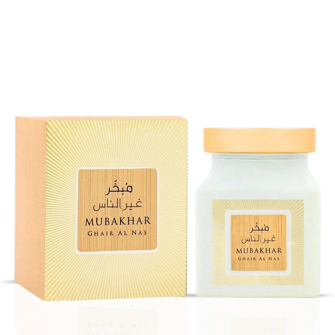 Rasasi Mubakhar Ghair Al Nas Oudh Moattar 50g, traditional aromatic Bakhoor with fragrant oud scent in a decorative container.