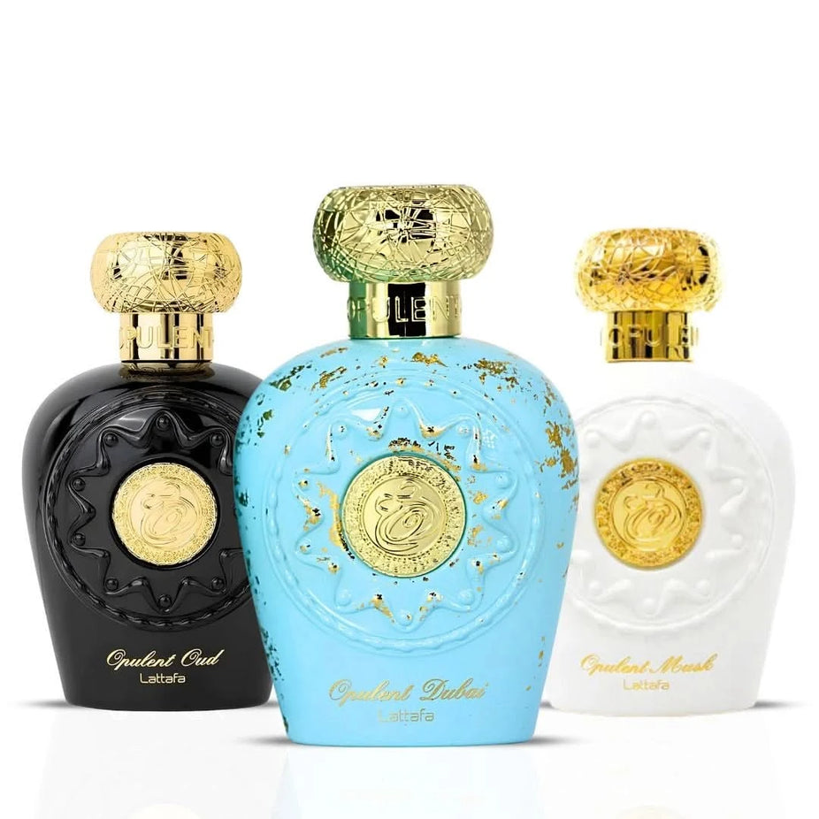 Lattafa Opulent Oud, Musk & Dubai Eau de Parfum bundle, 100ml each, featuring elegant glass bottles with decorative labels.