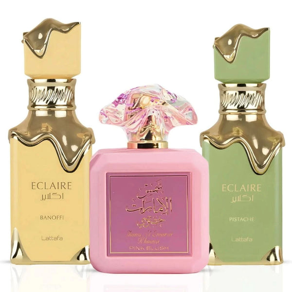 Eclaire Pistache & Eclaire Banoffi by Lattafa & Pink Blush Eau de