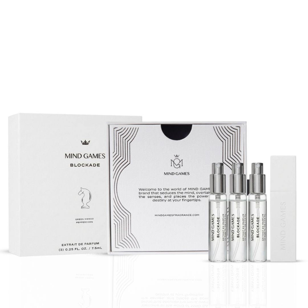 Mind Games Blockade Travel Trio includes three 7.5ml bottles of game pieces or liquids in a compact collection.