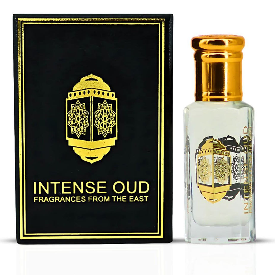 Inaya Perfume Oil 12ml by Intense Oud in a black gift box, featuring a sleek glass bottle with a dropper for aromatic loose oil.