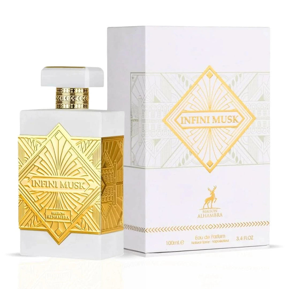 Maison Alhambra Infini Musk Eau de Parfum spray 100ml bottle with elegant packaging and minimalist design.