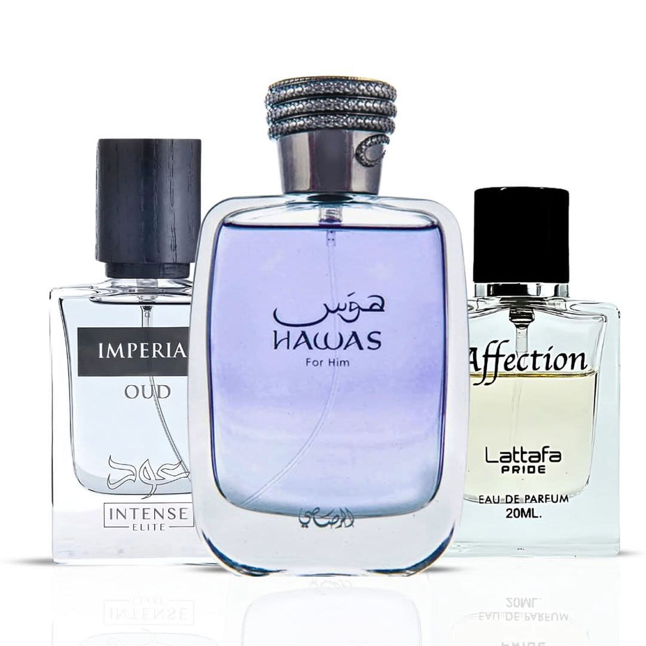 Bundle of three Eau de Parfum sprays including Hawas for Him by Rasasi, Imperial Oud by Intense Oud, and Affection by Lattafa Pride.