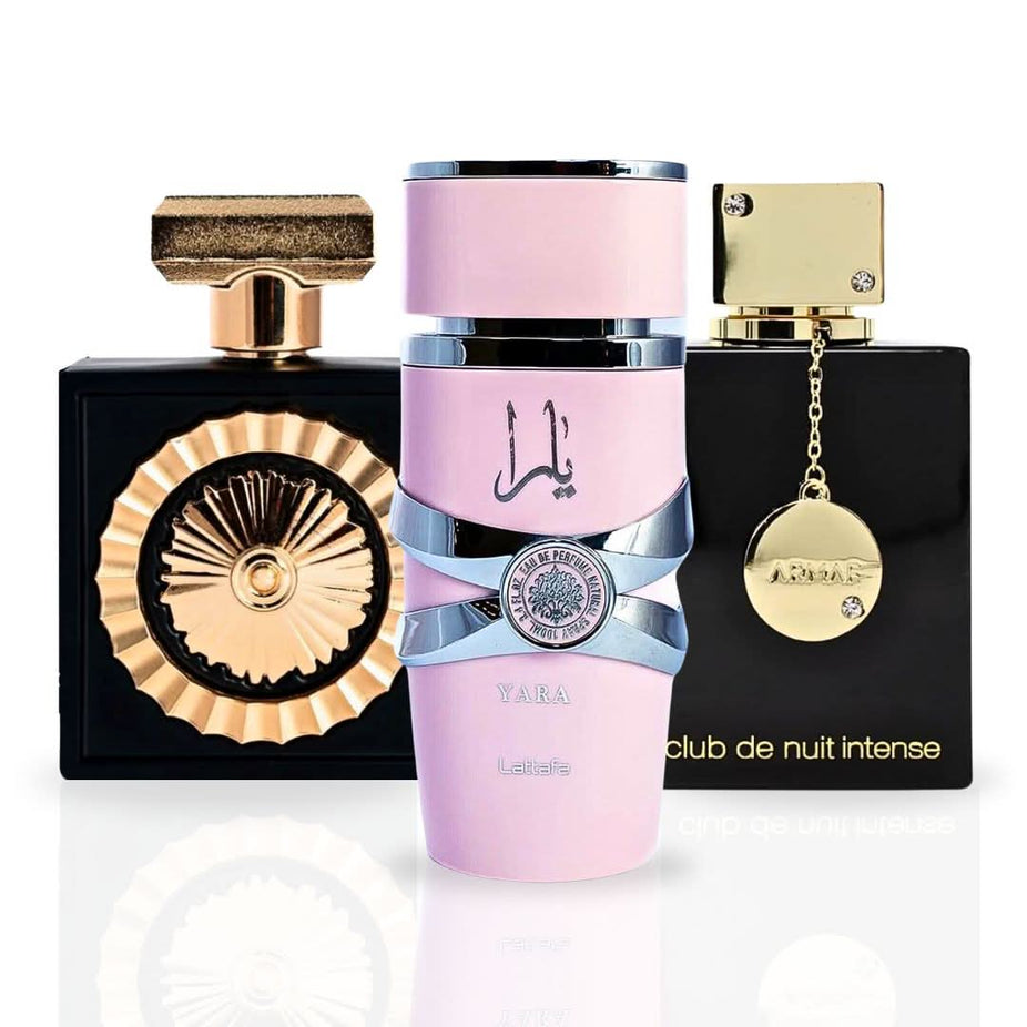 Intense Oud Yara Nebras and Club De Nuit Intense Eau De Parfum sprays for women in a value pack, featuring elegant bottles.