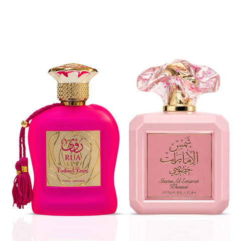 Rua Radiant Roses by Paris Corner & Pink Blush Shams Al Emarat Khususi by Ard Al Zaafaran Eau de Parfum Sprays 100ml (3.4 oz) (Bundle)