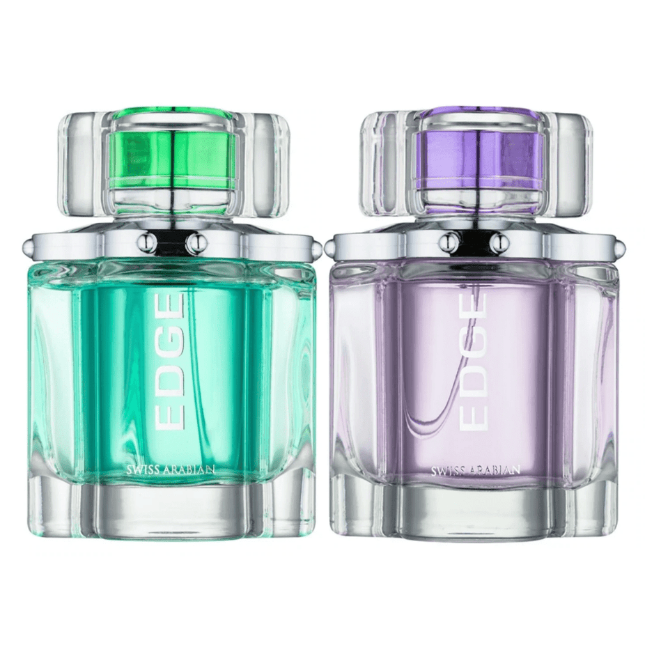 Swiss Arabian Edge couple perfume set with 100 ml bottles for men and women, featuring elegant packaging and stylish design.