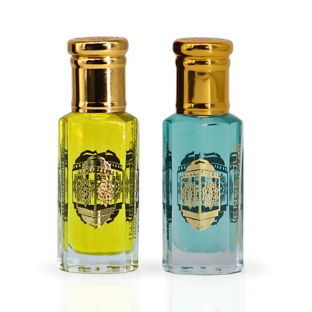 Bundle of Crys Water Men and Women perfume oils by Intense Oud in 12ml bottles with black gift box, featuring elegant packaging.