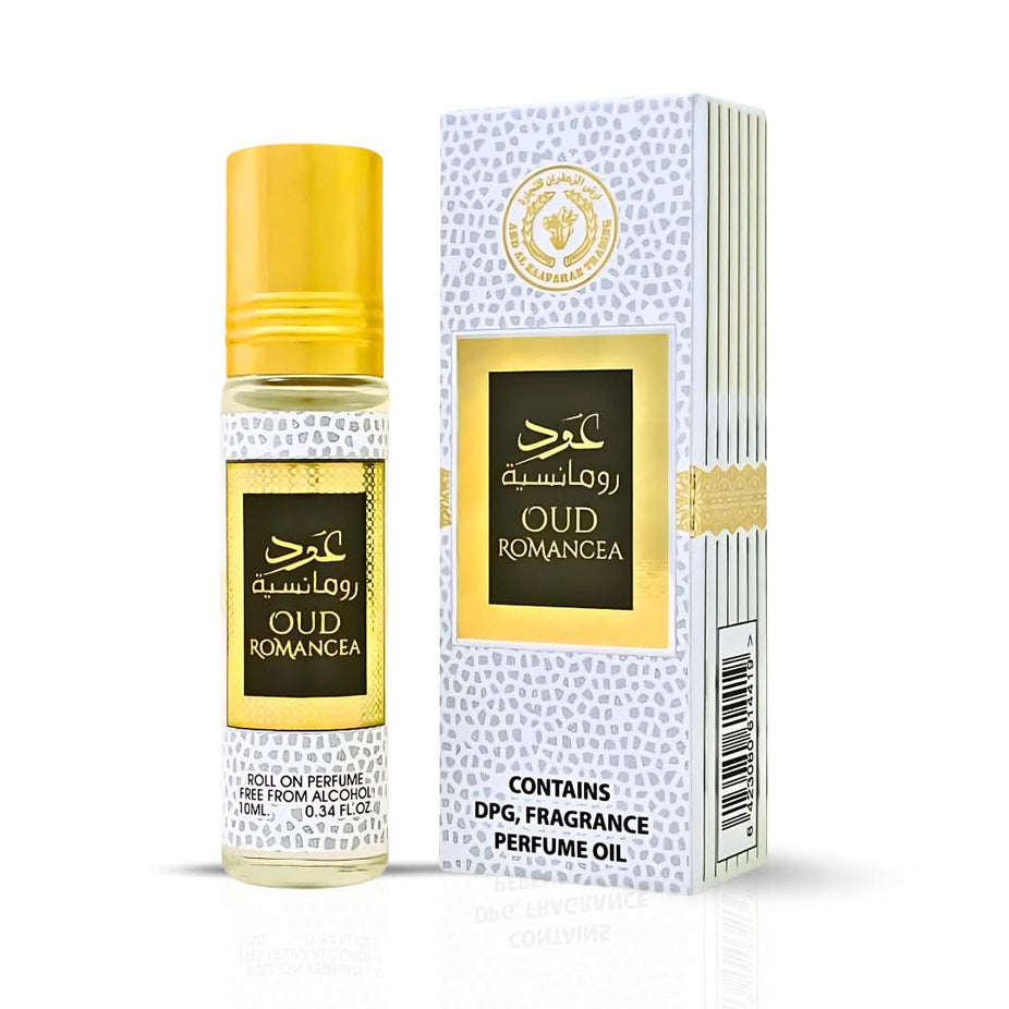 Three 10ml bottles of Oud Romancea perfume oil by Ard Al Zaafaran, concentrated CPO with elegant glass bottles and gold caps.