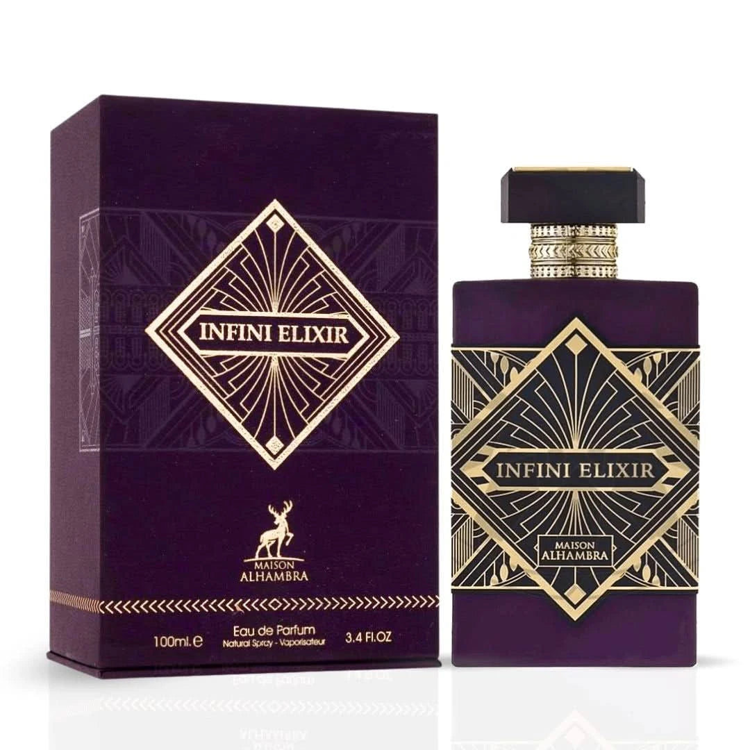 Maison Alhambra Infini Elixir Eau de Parfum spray bottle, 100ml, with elegant packaging and a sleek design.