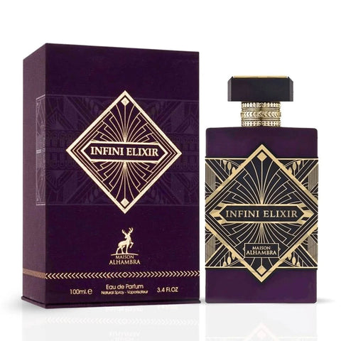 Maison Alhambra Infini Elixir Eau de Parfum spray bottle, 100ml, with elegant packaging and a sleek design.