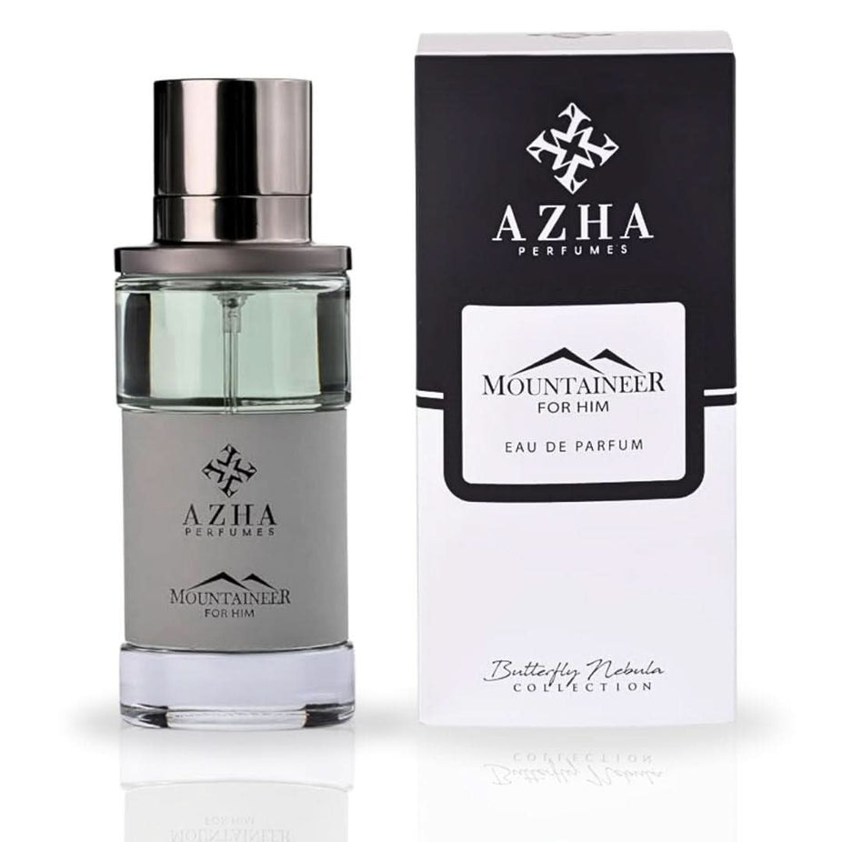 Azha Mountaineer For Him EDP spray 100ml perfume bottle, sleek design, showcasing the luxury fragrance packaging.