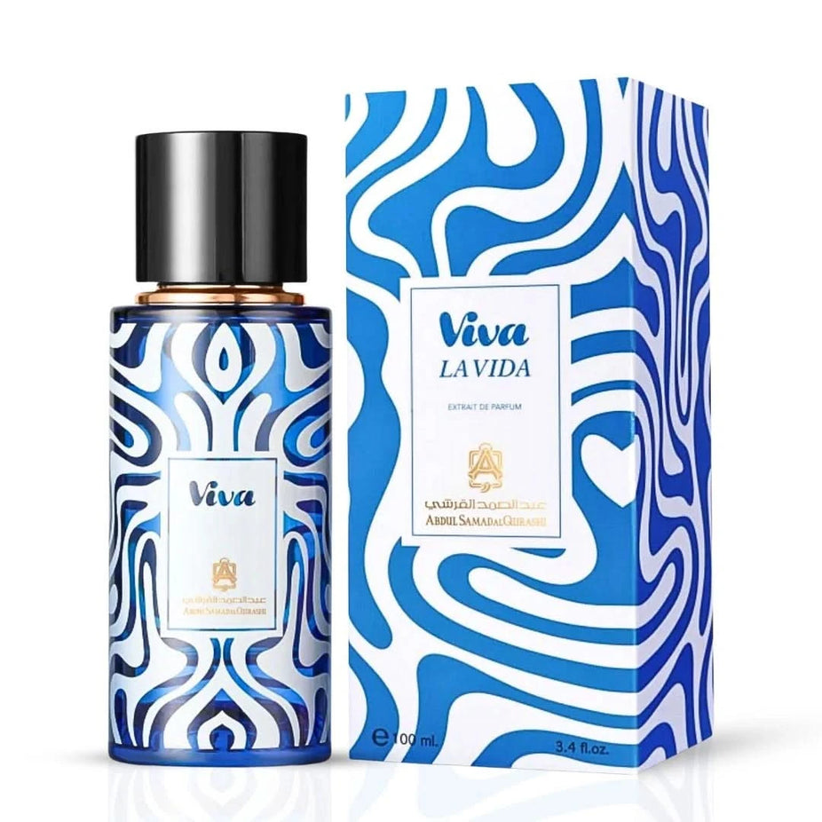 Viva La Vida Extrait de Parfum Spray 100ml by Abdul Samad Al Qurashi, showcasing the elegant perfume bottle with gold accents.