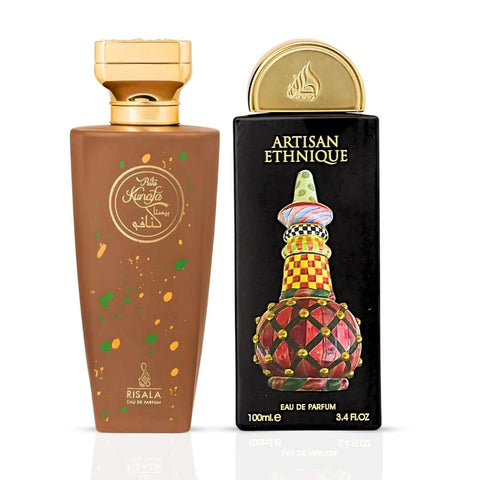 Bundle of Lattafa Pista Kunafa and Artisan Ethnique Eau de Parfum sprays in 100ml bottles, featuring elegant perfume packaging.