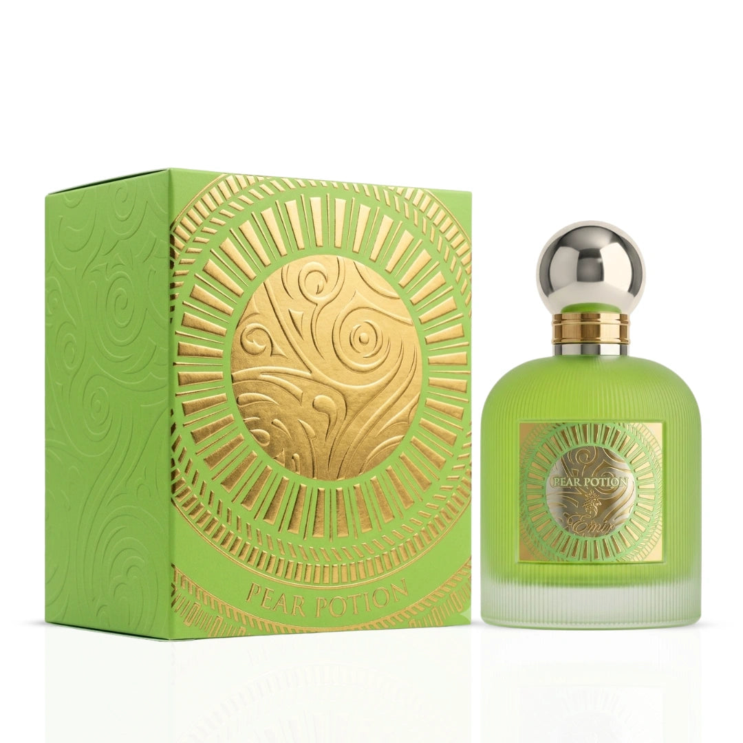 Pear Potion Eau de Parfum spray by Paris Corner, 100ml, featuring a sleek glass bottle with a pear-inspired scent.