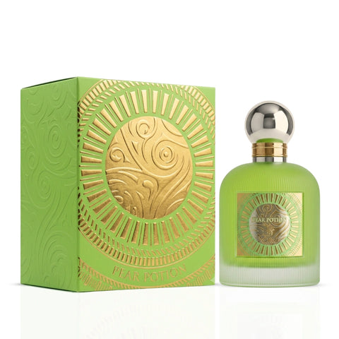 Pear Potion Eau de Parfum spray by Paris Corner, 100ml, featuring a sleek glass bottle with a pear-inspired scent.