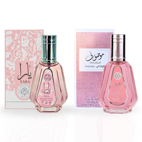 Bundle of Ard Al Zaafaran Yara & Mousuf Wardi Eau de Parfum sprays in 50ml bottles, with elegant packaging and fragrance bottles.