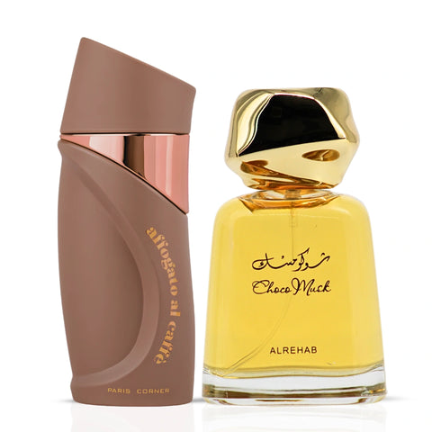 Bundle of Intense Oud Affogato al Caffè and Choco Musk Eau de Parfum sprays, 100ml each, featuring rich coffee and chocolate scent notes.