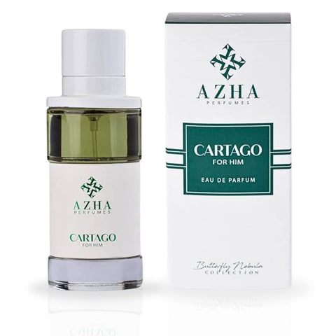Cartago For Him EDP by AZHA, 100ML bottle, showcasing the sleek fragrance packaging for men.