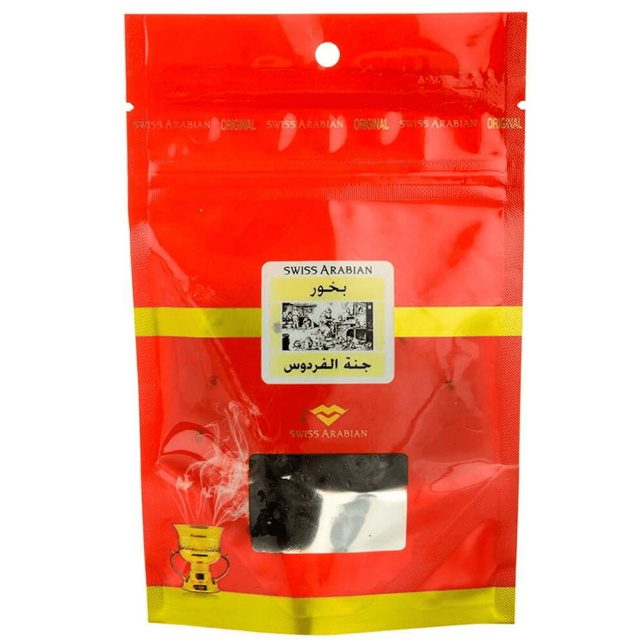 Swiss Arabian Jannat Ul Firdaus Bakhoor 40 GM, fragrant aromatic incense in a decorative container with traditional design.