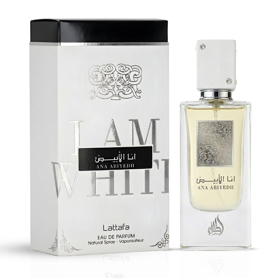 Lattafa Ana Abiyedh Eau de Parfum spray bottle, 60ml, elegant design, showcasing the perfume container.