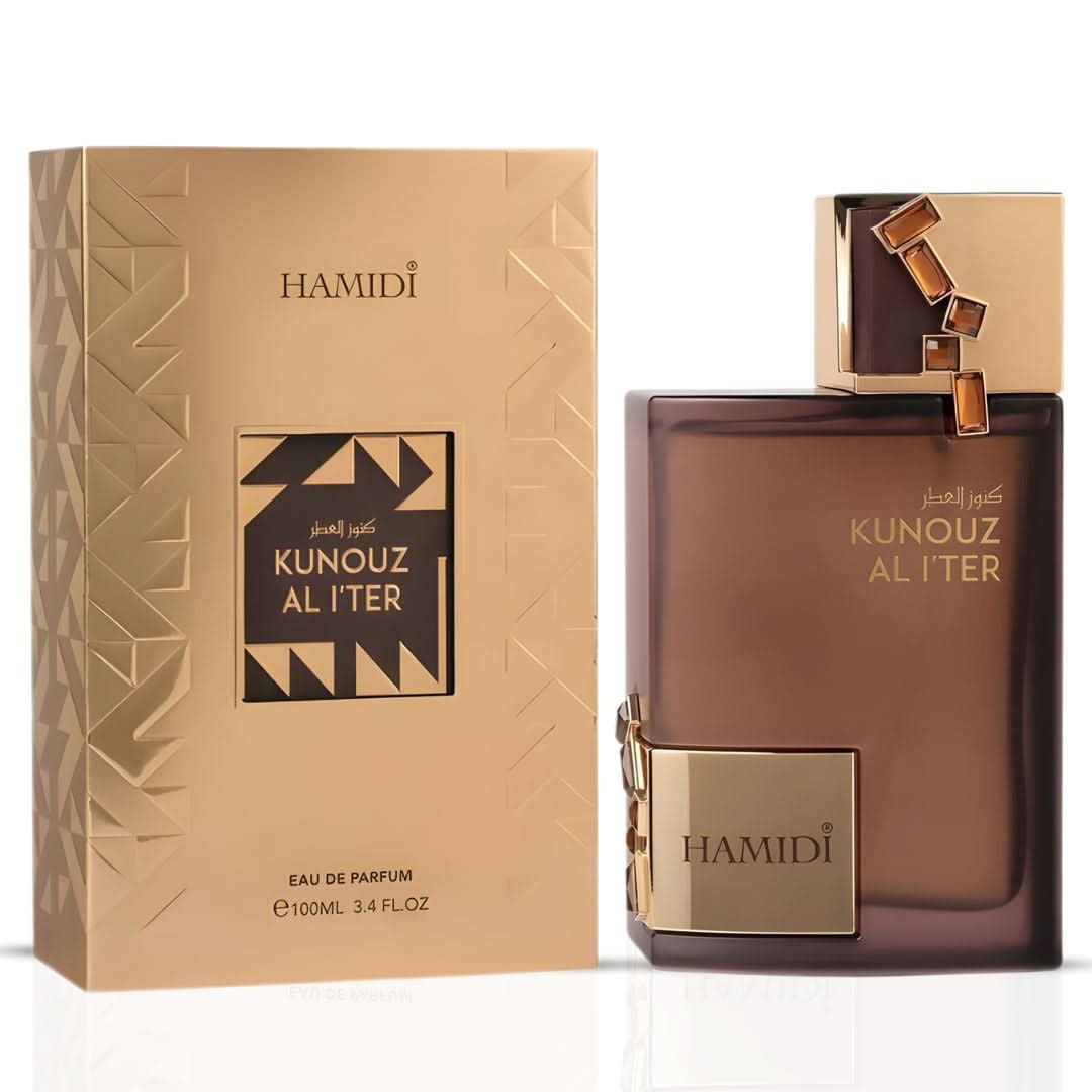 Hamidi Kunouz Al Iter Eau de Parfum spray bottle with elegant packaging and floral design, 100ml (3.4 oz).