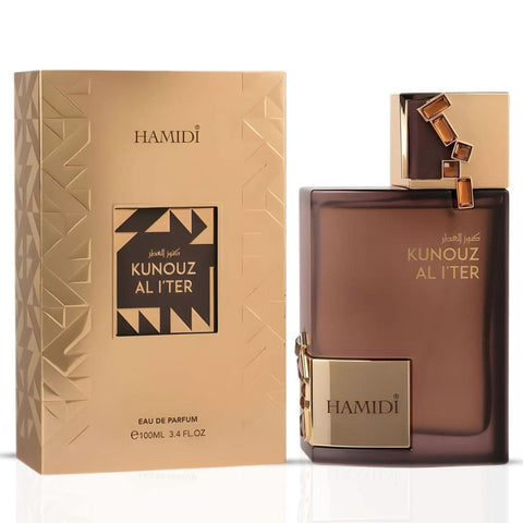 Hamidi Kunouz Al Iter Eau de Parfum spray bottle with elegant packaging and floral design, 100ml (3.4 oz).
