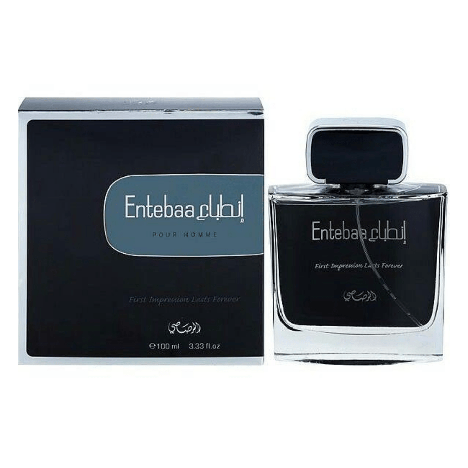 Rasasi Entebaa for Men Eau de Parfum spray 100ml bottle with sleek design and fragrance label visible.