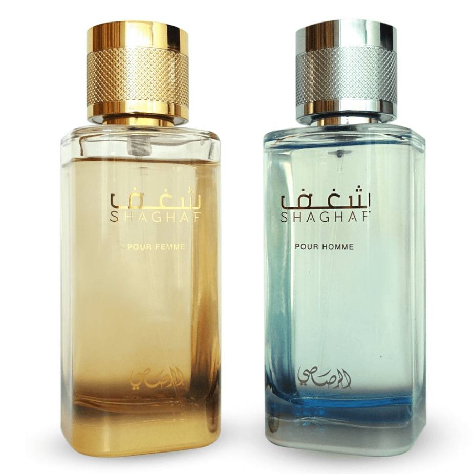 Rasasi Shaghaf EDP couple set for men and women, 100ml each, featuring elegant perfume bottles in a bundle.