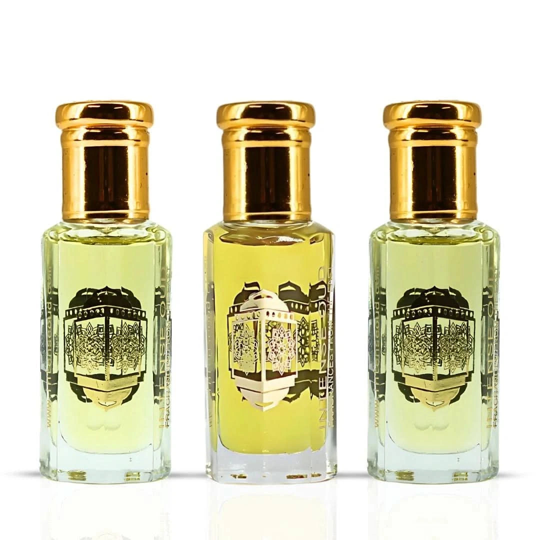 Intense Oud Rouje Madawi and Vanilla Musk perfume oils bundle in 12ml bottles, featuring elegant glass containers.