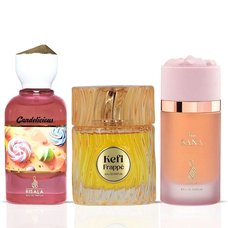 RISALA Candelicious, Sana & Kefi Frappe Eau de Parfum spray bundle featuring 100ml bottles with elegant packaging.