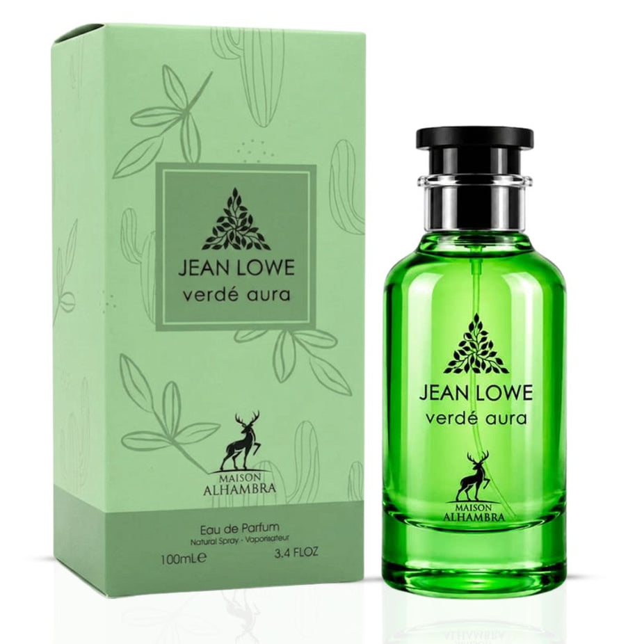 Maison Alhambra Jean Lowe Verde Aura Eau de Parfum spray 100ml bottle with elegant packaging and green accents.