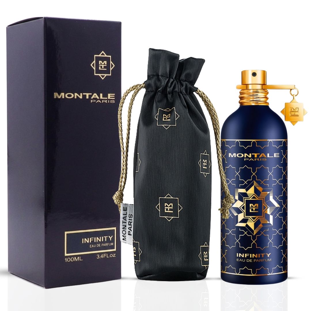 Montale Infinity Eau de Parfum Spray 100ml bottle with elegant design and black cap, showcasing luxury fragrance packaging.